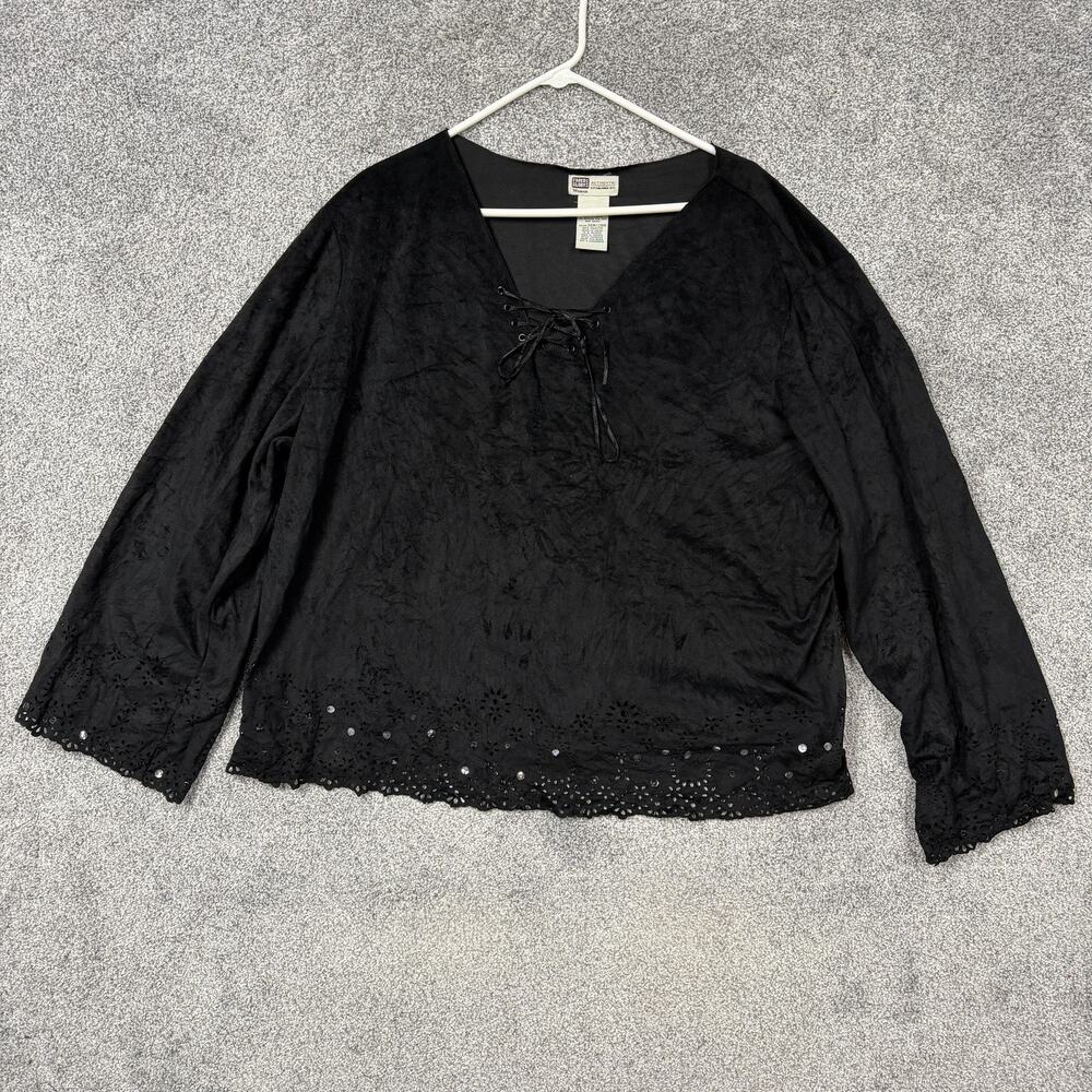 Vintage Y2K Faded Glory Top Womens 26W/28W Black Lace Up Eyelet Trim Gothic Boho